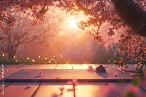 Obraz na płótnie Serene yoga practice during sunset under blooming cherry blossoms in a tranquil outdoor setting w salonie