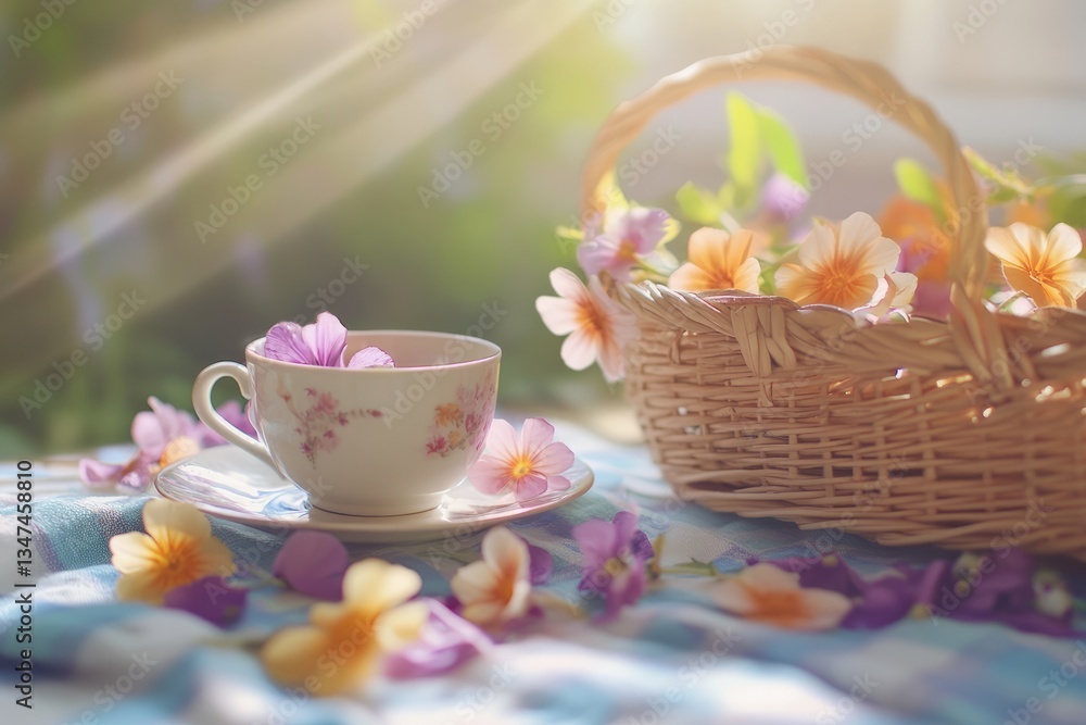 Floral afternoon tea setting with delicate cup and basket of blossoms in sunlight