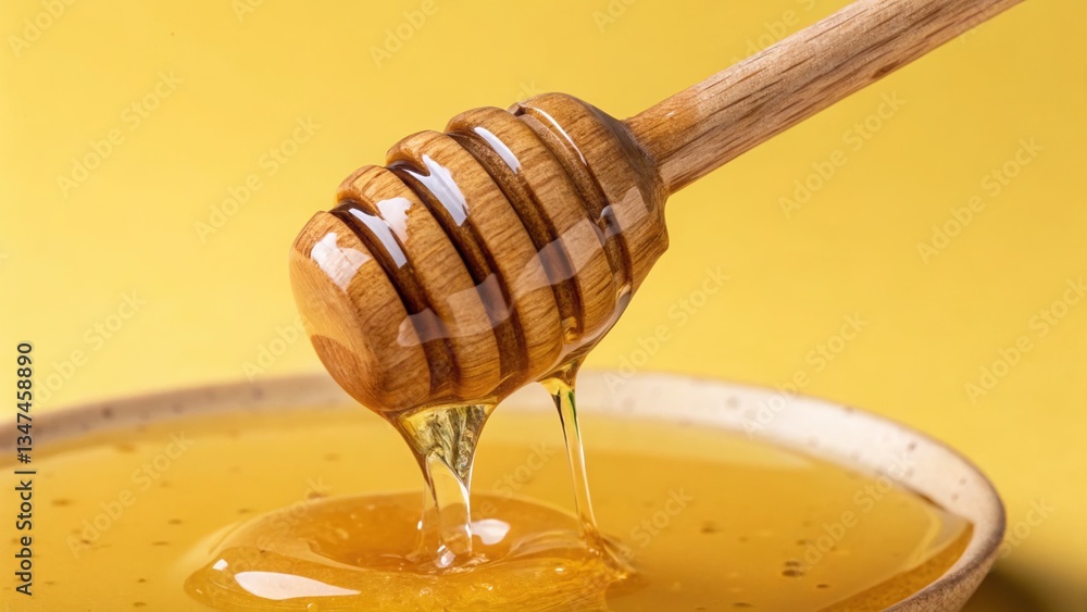 honey dripping from a wooden dipper into a bowl filled with honey honey dripping from a wooden dipper into a bowl filled with honey