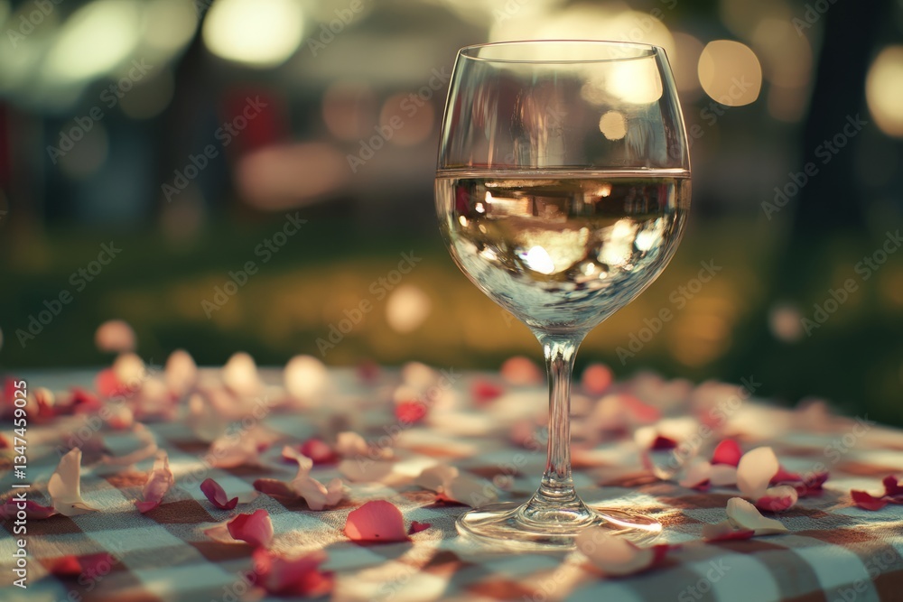 Elegant glass of wine on a checkered tablecloth scattered with rose petals during sunset