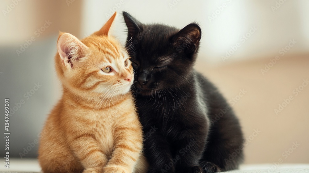 National Pet Day, Adorable Ginger and Black Kittens Cuddling Close Together Sweet Companionship National Pet Day, Adorable Ginger and Black Kittens Cuddling Close Together Sweet Companionship