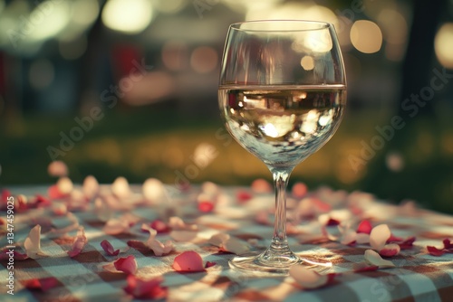 Obraz na płótnie Elegant glass of wine on a checkered tablecloth scattered with rose petals during sunset w salonie