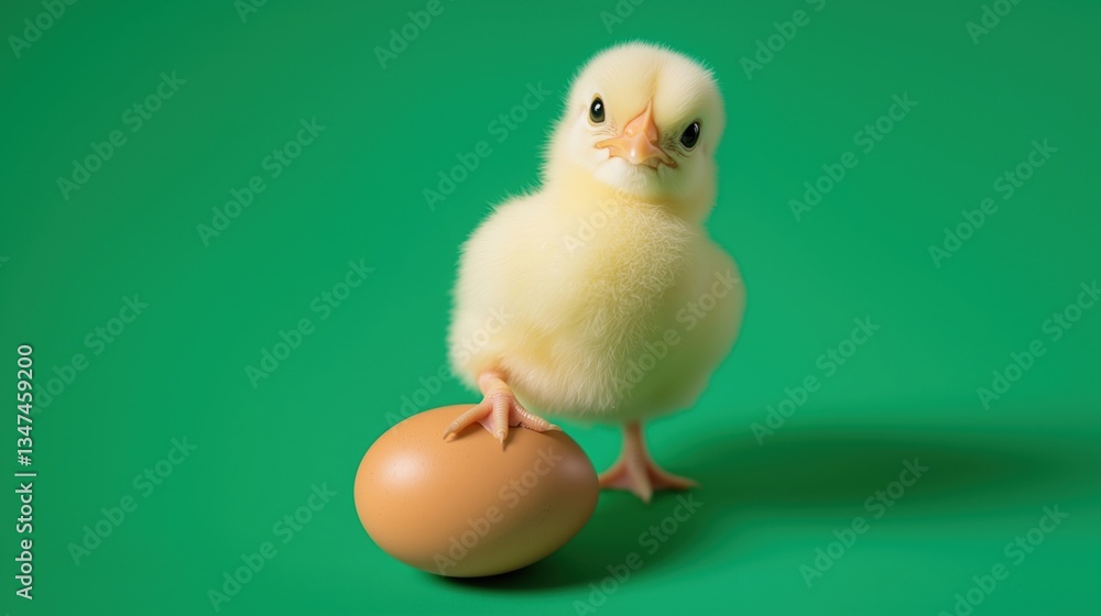 A fluffy yellow chick standing on a cracked brown egg against a vibrant green background. The chick looks curious and innocent, symbolizing new life, growth, and beginnings in a minimalistic setting. A fluffy yellow chick standing on a cracked brown egg against a vibrant green background. The chick looks curious and innocent, symbolizing new life, growth, and beginnings in a minimalistic setting.