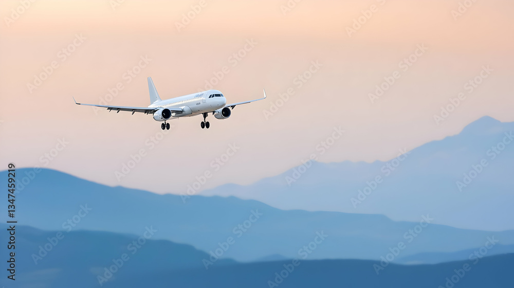 Airplane Landing Over Misty Mountains At Sunset Airplane Landing Over Misty Mountains At Sunset