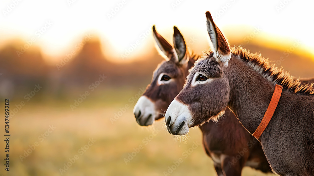 Fototapeta premium Two Donkeys At Sunset In Field