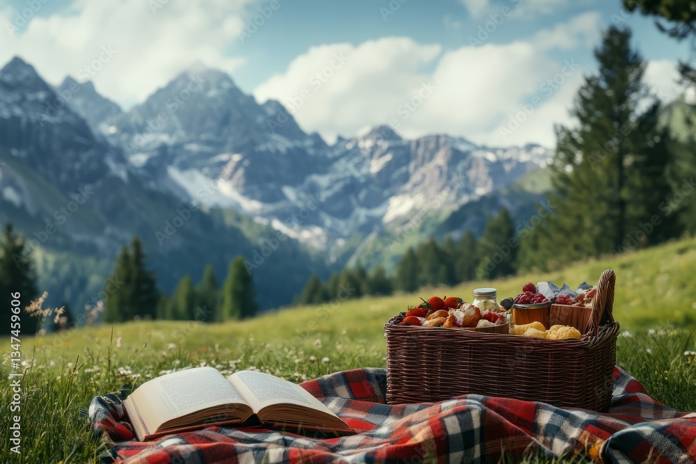 Picnic in the mountains with a woven basket and an open book set against a scenic view