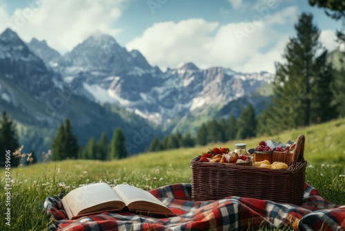 Obraz na płótnie Picnic in the mountains with a woven basket and an open book set against a scenic view w salonie