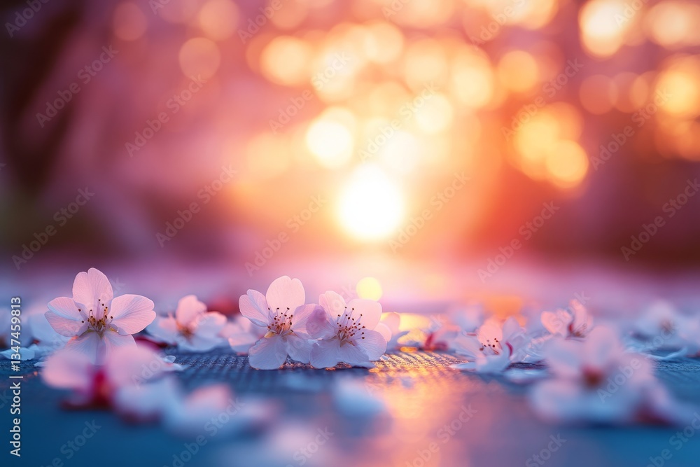 Beautiful cherry blossom petals scattered on a surface during sunset in a tranquil outdoor setting