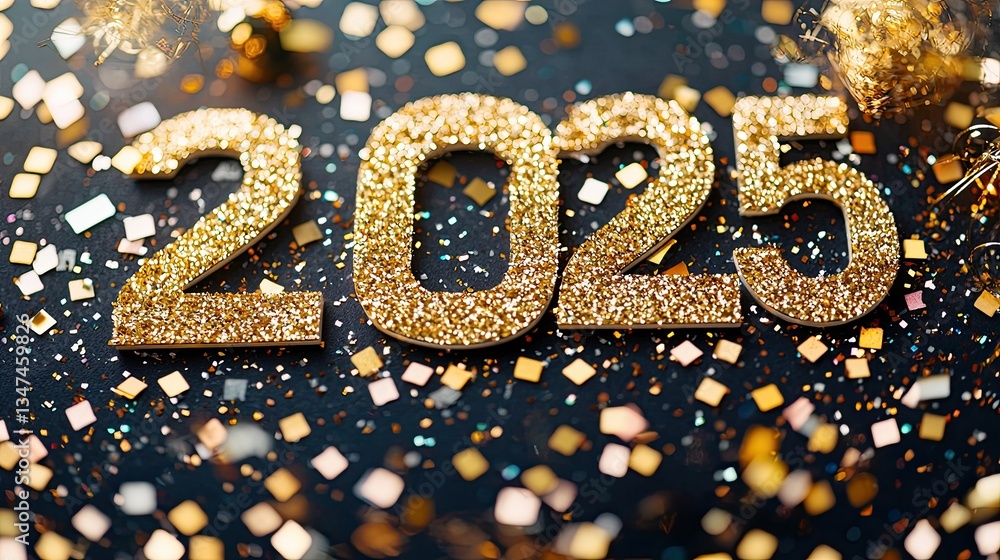 Golden glittery numbers represent the year twenty twenty five Golden glittery numbers represent the year twenty twenty five
