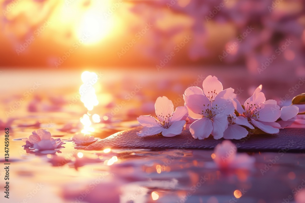Flowers float gently on water as the sun sets behind cherry blossoms creating a serene atmosphere in a peaceful location