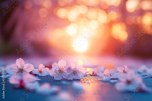 Obraz na płótnie Beautiful cherry blossom petals scattered on a surface during sunset in a tranquil outdoor setting w salonie