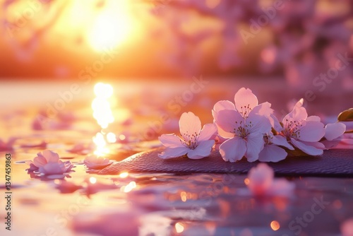 Obraz na płótnie Flowers float gently on water as the sun sets behind cherry blossoms creating a serene atmosphere in a peaceful location w salonie