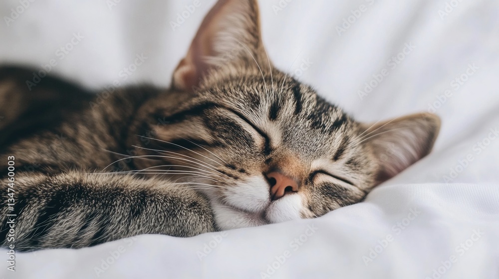 National Pet Day, Adorable Tabby Cat Sleeping Peacefully on Soft White Bedding Close Up National Pet Day, Adorable Tabby Cat Sleeping Peacefully on Soft White Bedding Close Up