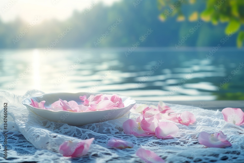 Peaceful setting by the water with rose petals scattered on lace and in a bowl during golden hour