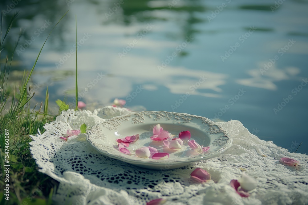 Delicate rose petals resting in a porcelain dish by a tranquil lake surrounded by greenery