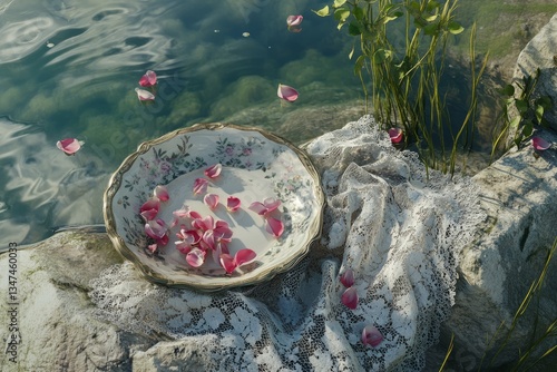 Obraz na płótnie Peaceful floral arrangement in a bowl near tranquil water surrounded by nature during a sunny day w salonie