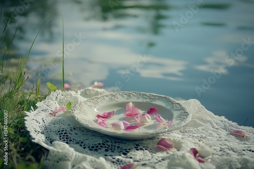 Obraz na płótnie Delicate rose petals resting in a porcelain dish by a tranquil lake surrounded by greenery w salonie