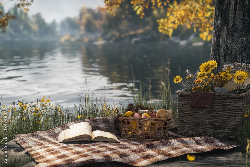 Cozy autumn picnic by the lake with fresh fruits, flowers, and a book for relaxation