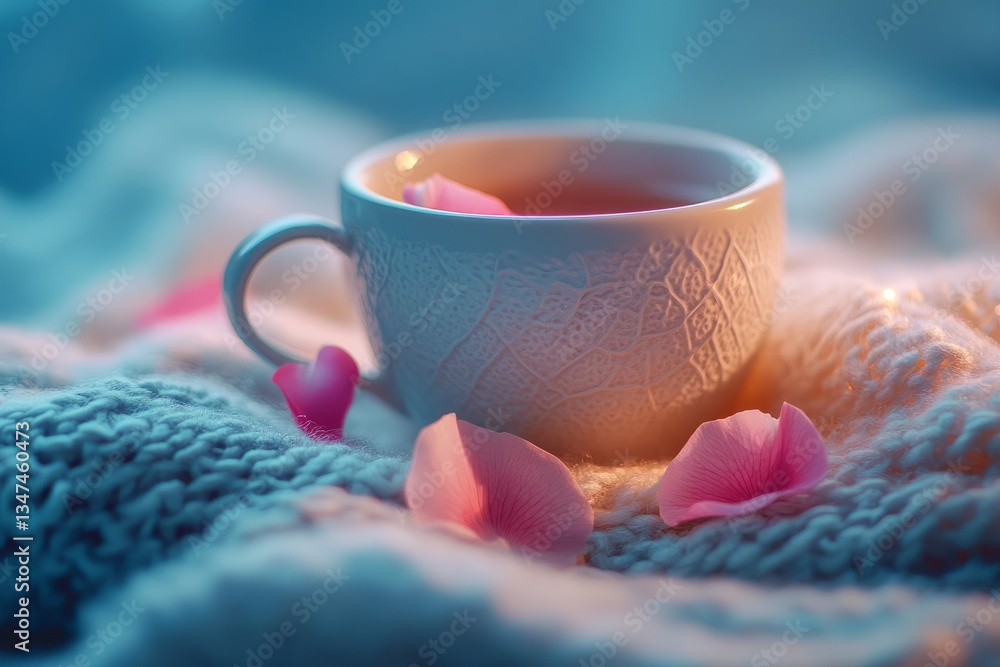 Warm tea in a delicate cup surrounded by rose petals on a cozy knitted fabric backdrop