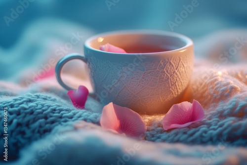 Obraz na płótnie Warm tea in a delicate cup surrounded by rose petals on a cozy knitted fabric backdrop w salonie