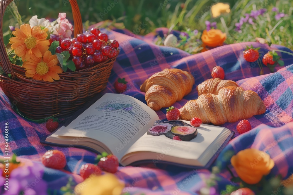 Relaxing picnic with fresh fruits, pastries, and a book on a sunny day in a vibrant garden