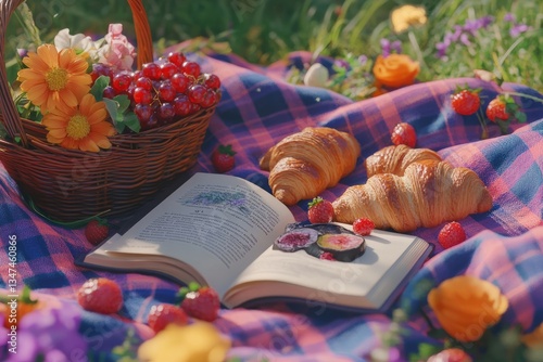 Obraz na płótnie Relaxing picnic with fresh fruits, pastries, and a book on a sunny day in a vibrant garden w salonie