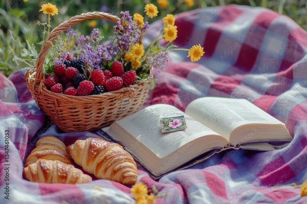 Enjoying a peaceful picnic with fresh berries, croissants and a good book in a sunny meadow