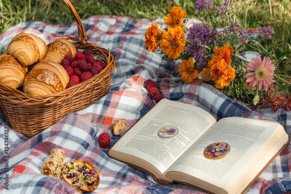 Relaxing picnic with pastries, berries, flowers, and a book on a sunny day in a grassy park