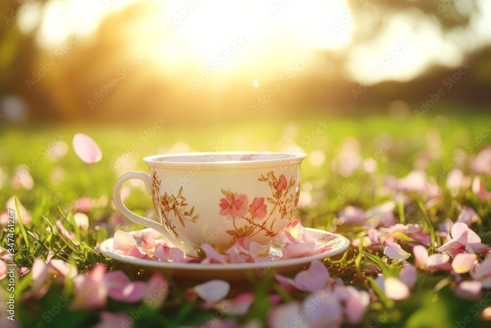 Delicate tea cup surrounded by blossoms in a sunlit garden during springtime