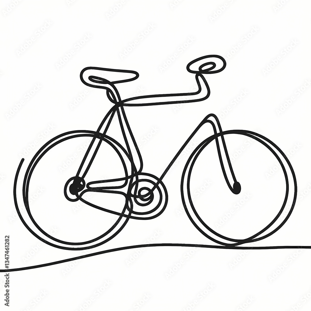 Continuous one-line drawing of a bicycle, smooth flowing abstract curves forming a simple and elegant outline, capturing the essence of motion, balance, and cycling aesthetics. Continuous one-line drawing of a bicycle, smooth flowing abstract curves forming a simple and elegant outline, capturing the essence of motion, balance, and cycling aesthetics.