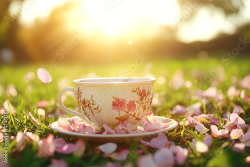 Obraz na płótnie Delicate tea cup surrounded by blossoms in a sunlit garden during springtime w salonie