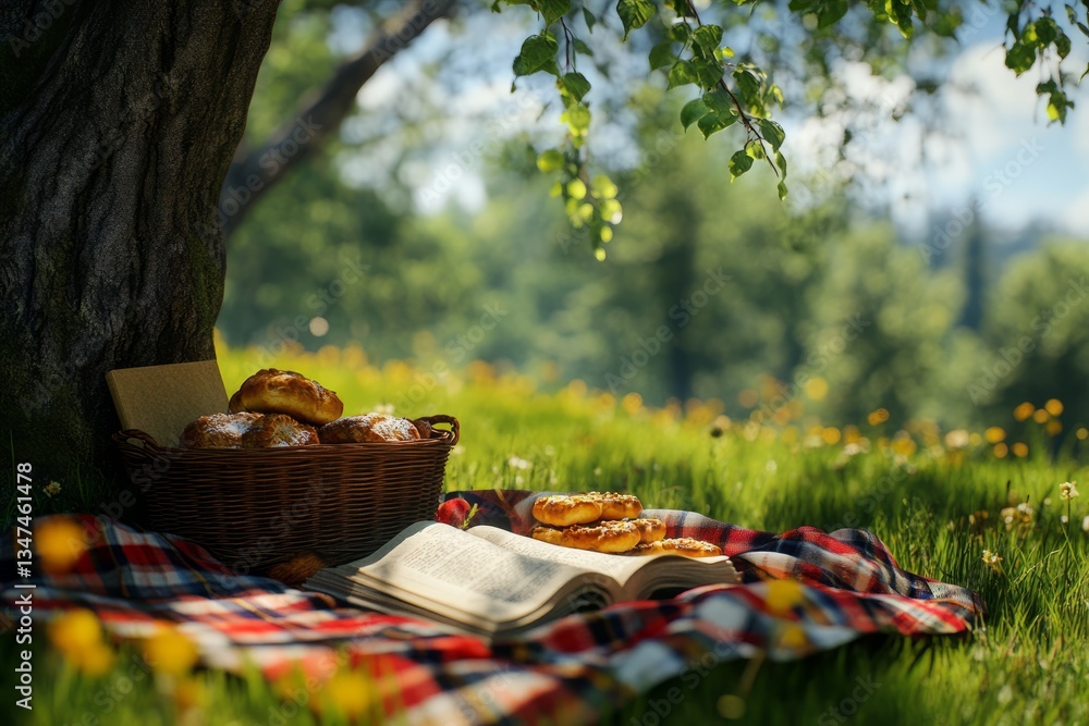 Relaxing picnic under a tree with pastries and a book in a sunny meadow