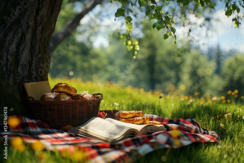 Obraz na płótnie Relaxing picnic under a tree with pastries and a book in a sunny meadow w salonie