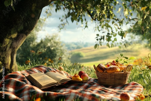 Enjoying a peaceful picnic under a tree with a basket of treats and a book in a serene countryside setting