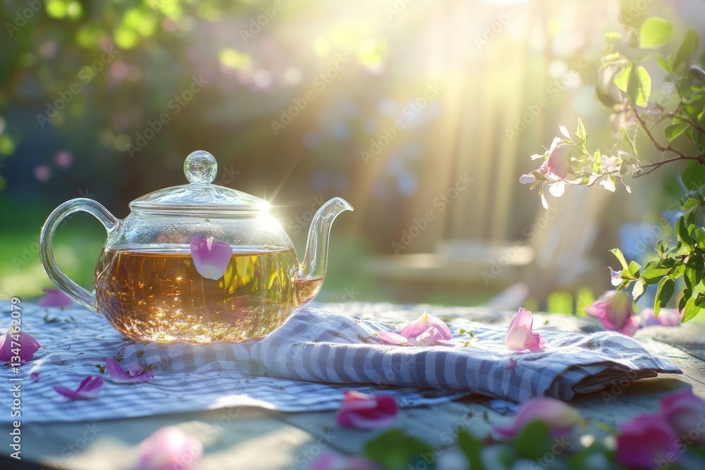 Tea kettle shines in sunlight surrounded by rose petals in a garden setting during evening hours
