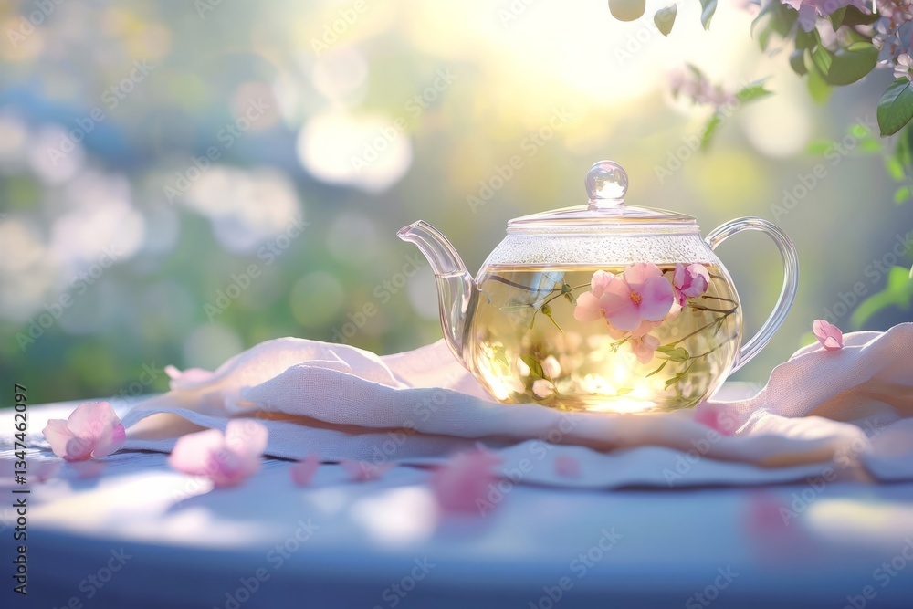 Infusion of blossoms in a glass teapot surrounded by soft sunlight in a tranquil garden setting