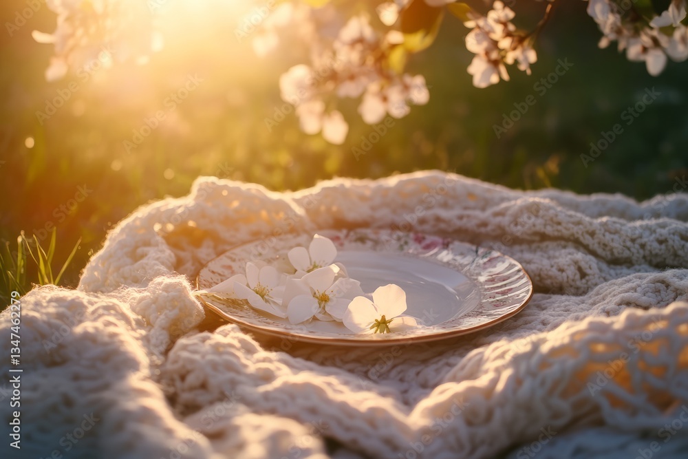 Beautiful setting with a floral plate on a blanket under sunlight in a serene garden setting during springtime