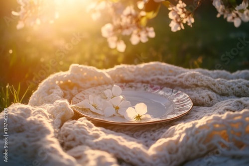 Obraz na płótnie Beautiful setting with a floral plate on a blanket under sunlight in a serene garden setting during springtime w salonie