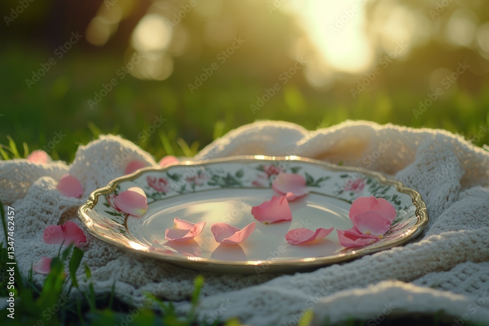 Delicate rose petals scattered on a vintage plate resting on a cozy blanket in a soft afternoon sunlight
