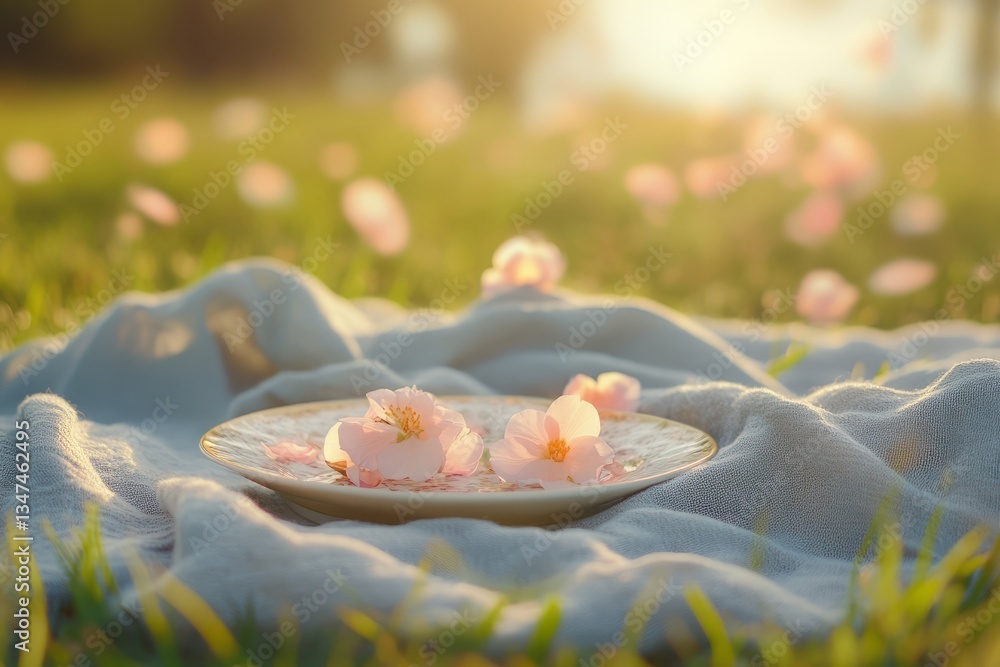 Delicate cherry blossoms arranged on a plate nestled on a soft blanket in a serene park during golden hour