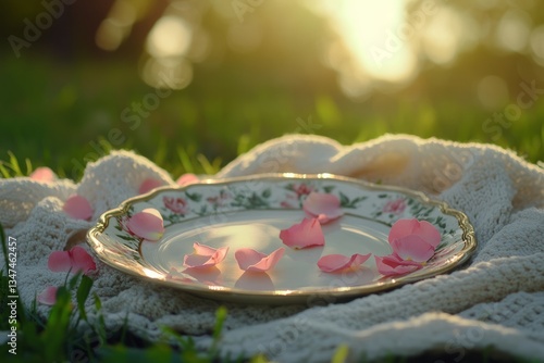 Obraz na płótnie Delicate rose petals scattered on a vintage plate resting on a cozy blanket in a soft afternoon sunlight w salonie