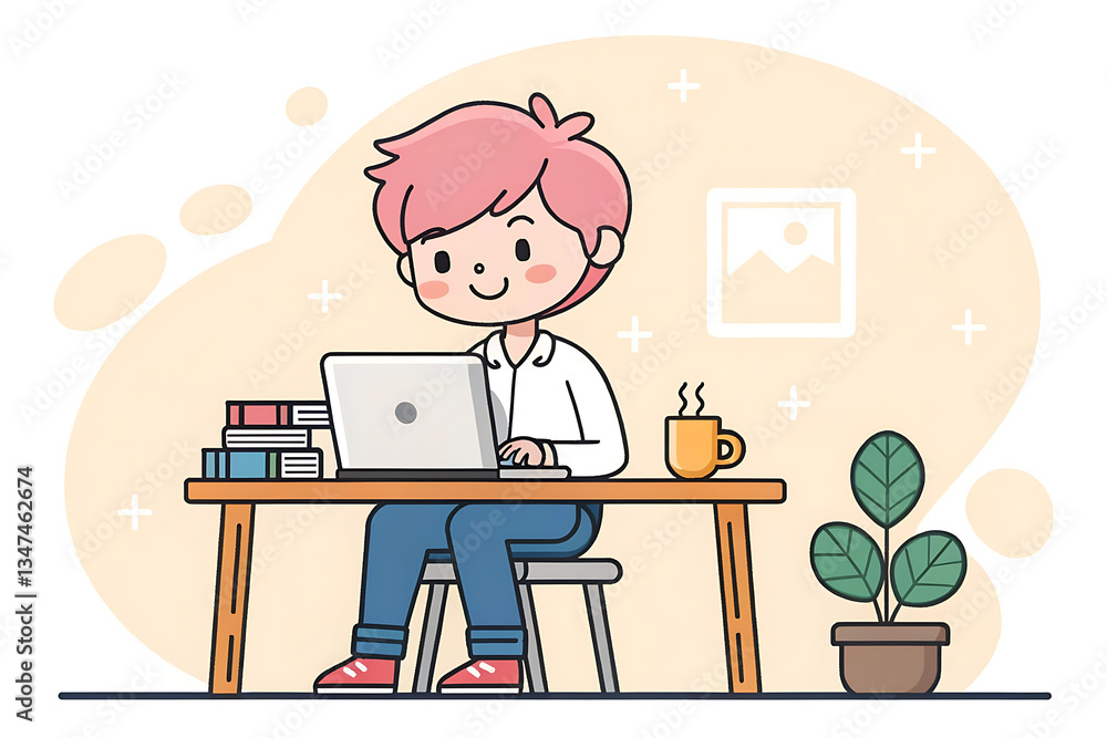 Cartoon business people, including woman and businessman, sitting at desks and working on laptops in an office illustration. Cartoon business people, including woman and businessman, sitting at desks and working on laptops in an office illustration.