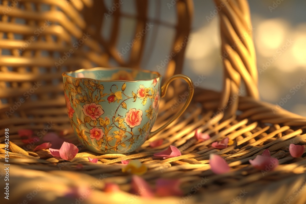 Elegant floral cup resting on a woven basket surrounded by scattered petals in soft natural light