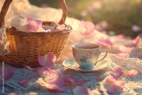 Obraz na płótnie Beautiful afternoon tea setup with a basket of flower petals in a serene garden setting w salonie