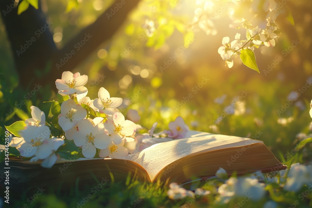Spring blossoms surround an open book resting on soft grass in a sunlit garden