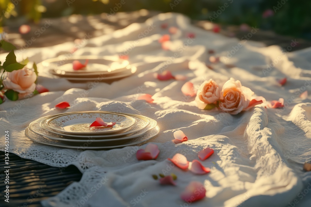 Romantic outdoor dining setup with plates and rose petals at sunset in a garden