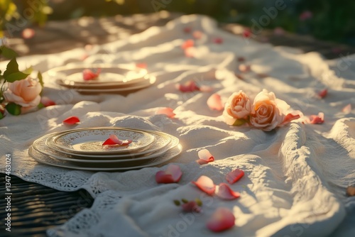 Romantic outdoor dining setup with plates and rose petals at sunset in a garden