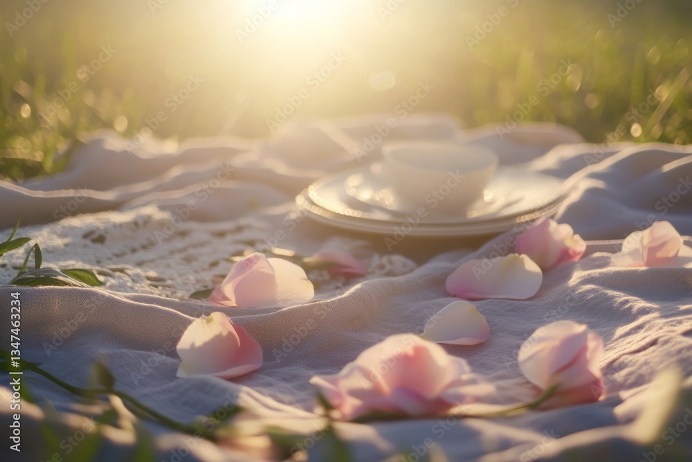 Romantic picnic setting on a sunny evening with rose petals and tea cups in a tranquil garden landscape