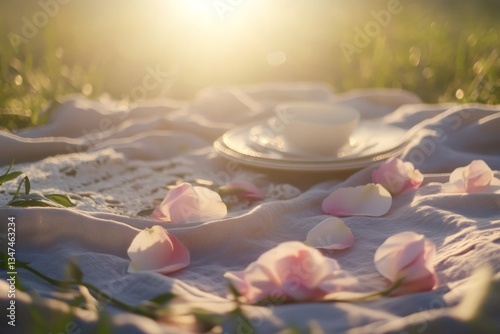 Obraz na płótnie Romantic picnic setting on a sunny evening with rose petals and tea cups in a tranquil garden landscape w salonie