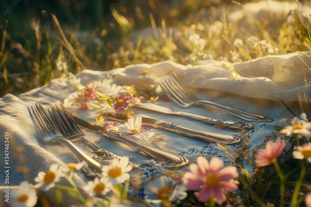 Delicate silver utensils arranged elegantly among wildflowers on a sunny afternoon picnic setting